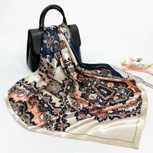 Elegant vintage paisley printed square silk scarf for women, stylish neckerchief.