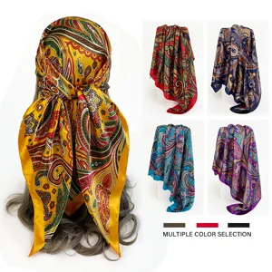 Classic Paisley Satin Square Scarf For Women Vintage Printed Silk Feel Turban Head Scarf Fashion Neck Scarf Wrap