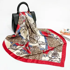 Elegant paisley print square satin scarf for women, classic baroque design neckerchief.