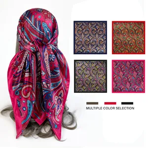 Classic vintage paisley print large square silk scarf for women, elegant satin headscarf.