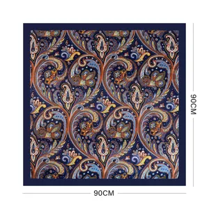 Classic paisley print large square silk scarf for women, elegant 90x90cm satin bandana.