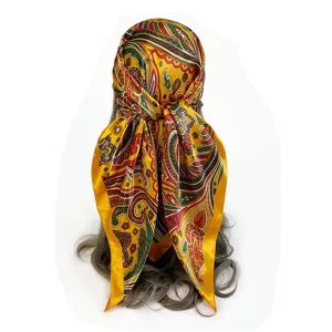 Classic yellow paisley print silk square scarf women vintage satin headscarf bandana 90cm