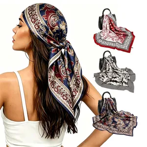 Women's Fashion Paisley Floral Print Satin Square Scarf Vintage Silk Feel Head Neck Wrap For Daily Wear
