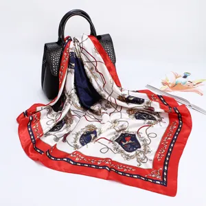 Luxury satin silk square scarf 88cm with vintage carriage and rope print for women