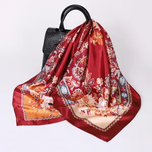 Exquisite detail of the 90cm vintage baroque floral satin square scarf draped gracefully.