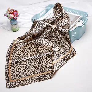 Women Leopard Print Satin Square Scarf Vintage Silk Feel Head Scarf Neck Kerchief Hair Wrap Shawl For Ladies