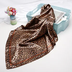 Leopard print satin square scarf 90cm women's luxury silk feel fashion head wrap shawl.