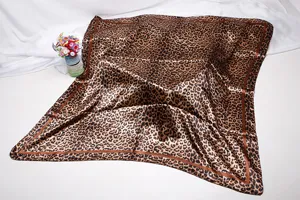 Leopard print satin square scarf for women, elegant 90cm large silk-feel neck scarf detail view.