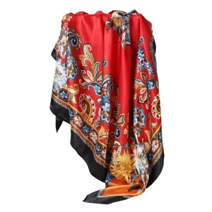 Elegant 90cm women square silk scarf with vintage baroque floral print and black border.