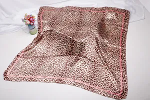 Leopard print satin square scarf, 90cm large imitation silk headscarf women fashion shawl.