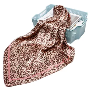 Fashion leopard print silk scarf 90cm square satin shawl stylish headwrap for women everyday wear.