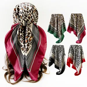 Leopard Print Satin Square Scarf For Women Fashion Silk Feel Head Scarf Chic Neck Scarf Hair Cover Shawl Wrap