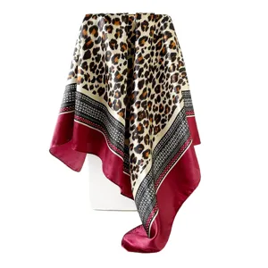 Elegant leopard print satin square scarf with burgundy border for women daily fashion wear.