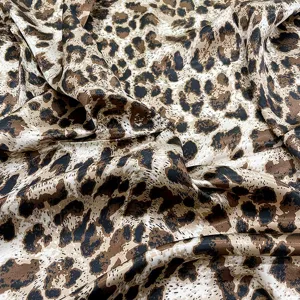 Close-up detail of brown leopard print satin square scarf, showing smooth fabric texture.