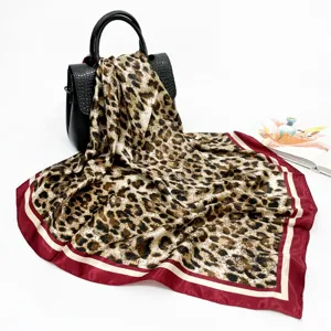 Brown leopard print square scarf silk feel satin large headscarf for women fashion accessory