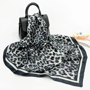 Black and white leopard print square scarf women silk satin stylish neckerchief 90cm