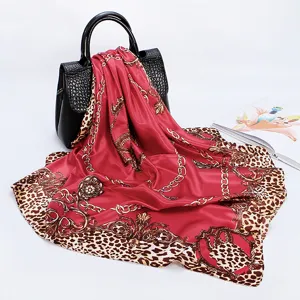 Red leopard chain print silk feel square scarf 90cm elegant women head neck wrap accessory