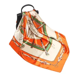 Luxury Orange Green Silk Scarf 90cm Elegant Chain Print Satin Square Headband Shawl for Women