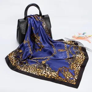 Luxury baroque chain leopard print square silk scarf for women fashion hair accessory 90cm