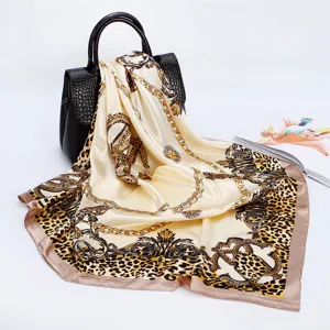 Brown leopard chain print satin square scarf, elegant 90cm fashion scarf for women.