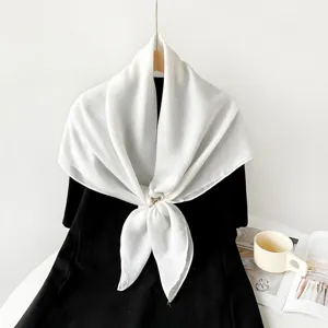 Solid Color Cotton Linen Pleated Square Scarf 90cm Women White Headwrap Chic Shawl