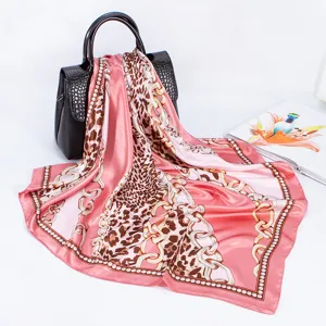 Pink leopard chain print silk scarf, elegant 90cm large square satin headscarf for women.