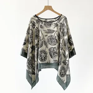 Floral print pullover shawl detail, retro ink painting style, perfect for sun protection.
