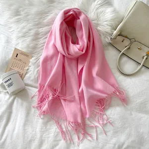 Pink imitation cashmere tassel scarf detail view, soft cozy winter long scarf with elegant drape.