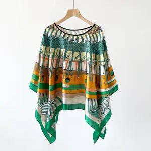 Women's vintage geometric print silk scarf poncho, elegant green and yellow cape shawl.