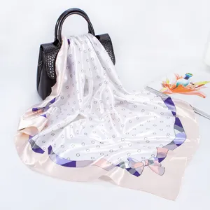 Elegant 90cm faux silk satin square scarf with chic polka dots and stylish plaid bow border.