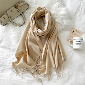 Cozy solid color imitation cashmere scarf with chic fringe detail, perfect winter warm long shawl.