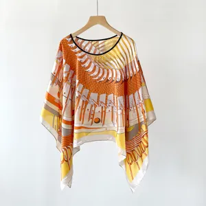 Women printed silk scarf sunscreen shawl bohemian pullover beach cape elegant fashion