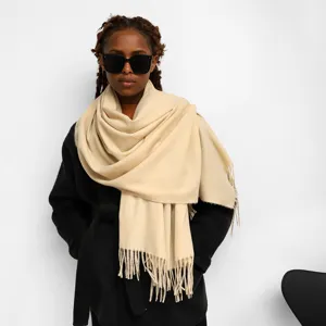 Solid color imitation cashmere tassel scarf, stylish long winter warm shawl for women.