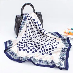 Elegant 90cm polka dot silk scarf for women, classic blue and white design for fashion styling.