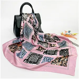 Fashion 90cm leopard print satin square scarf for women, elegant pink silk neckerchief.