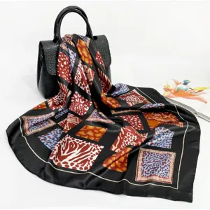 Brown leopard print silk scarf detailed view, 90cm square satin headscarf fashion accessory.