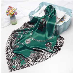 Green satin square scarf with chic leopard and chain print, elegant 90cm fashion accessory.