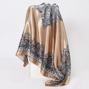 Silk satin square scarf with vintage paisley print, elegant camel hijab and neckerchief for women.