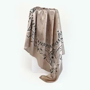 Elegant khaki satin square scarf with paisley and polka dot print, 90cm large neckerchief.