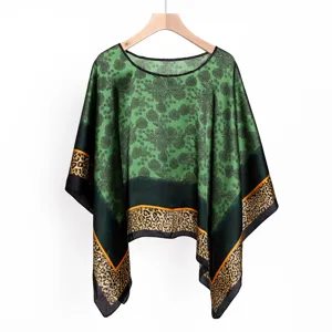 Green floral printed pullover shawl detail, elegant vintage style beach cape scarf.