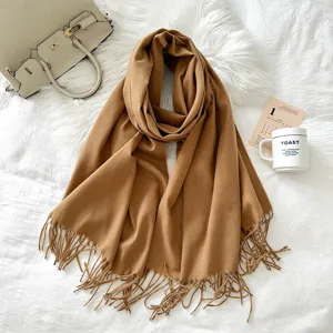 Solid color imitation cashmere scarf with fringe, long warm winter shawl for women.