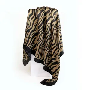 Elegant black and gold zebra print satin square scarf, soft luxury silky women head wrap.