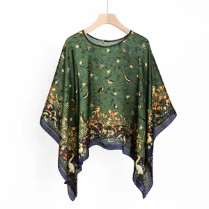 Women's green floral print poncho cape, lightweight retro botanical sun protection shawl scarf.