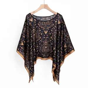 Retro black and gold printed pullover shawl, elegant silk-like sun protection beach scarf.