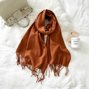 Solid color imitation cashmere scarf detail, cozy winter fringe shawl in terracotta red.