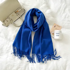 Solid color imitation cashmere scarf with tassels, cozy long winter neck wrap for women.