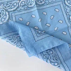 Hellblaue Paisley Bandana Detailansicht, klassisches Blumenmuster quadratisches Sportkopftuch.