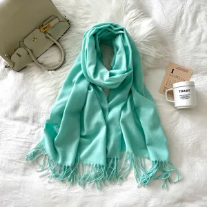Mint green imitation cashmere scarf with elegant tassels, cozy long winter warm shawl.