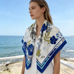 Silk square scarf detail view featuring elegant blue floral print for women summer use