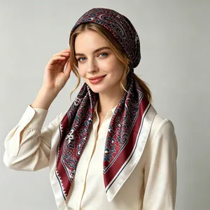 Chic satin paisley headscarf for women, stylish turban and sun protection hair cover.